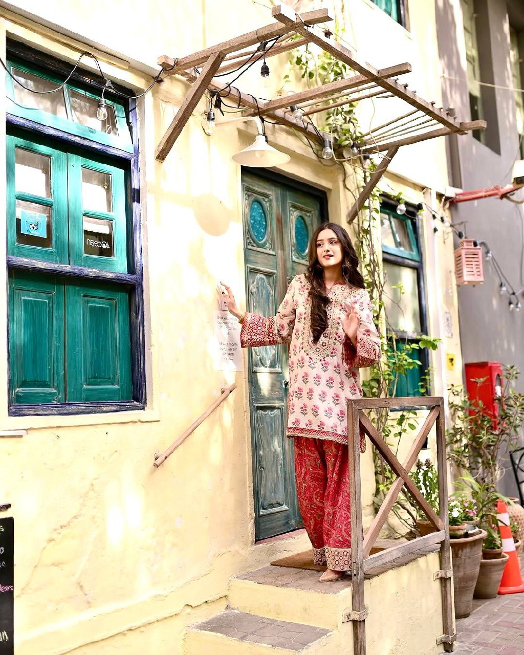 LadyVastara Natural Crepe Digital Print Farshi Palazzo Set with Mirror Work