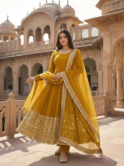 LadyVastara Luxury Party Wear Roman Silk Gown Set for Women