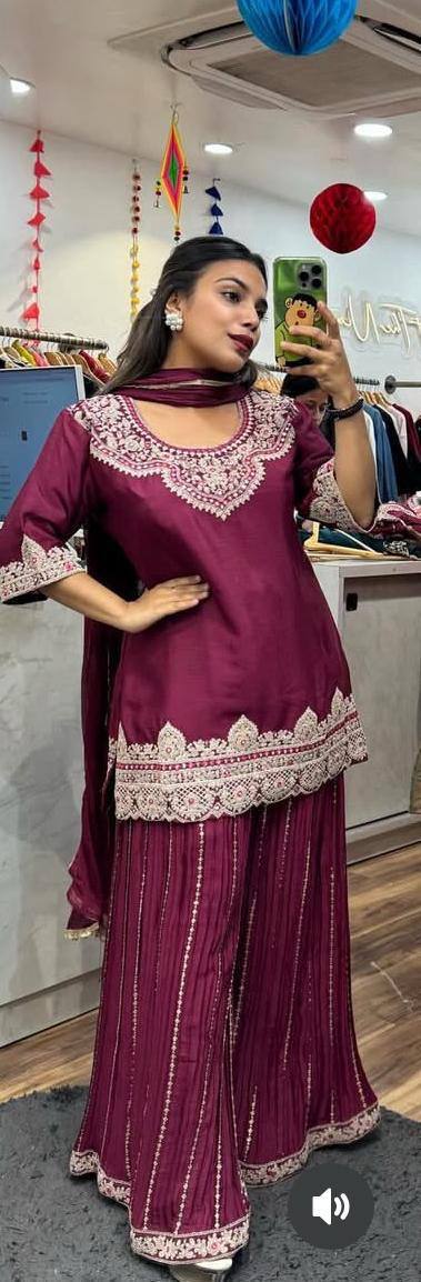 LadyVastara Royal Chinnon Silk Embroidered Top–Sharara–Dupatta Set