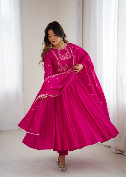 LadyVastara Premium Roman Chanderi Silk Flared Anarkali Suit Set with Embroidered Dupatta for Wedding & Festive Wear