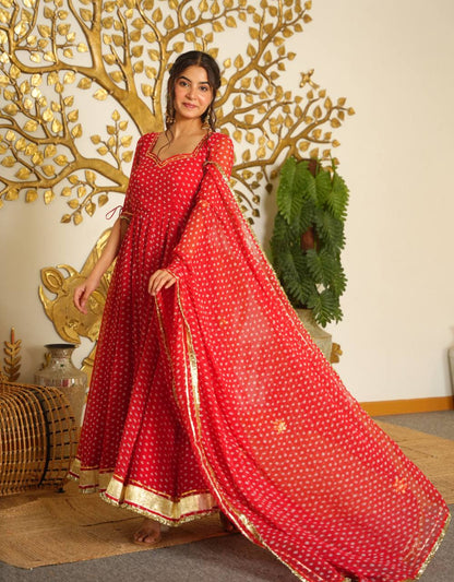 LadyVastara Bandhej Print Faux Georgette Gown Set with Dupatta & Bottom