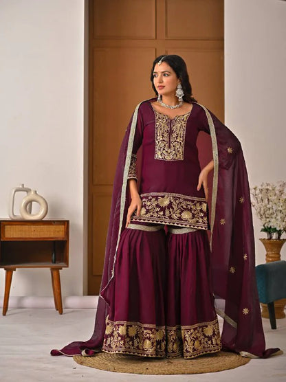LadyVastara Premium Heavy Fendy Silk Embroidery Sharara Palazzo Suit