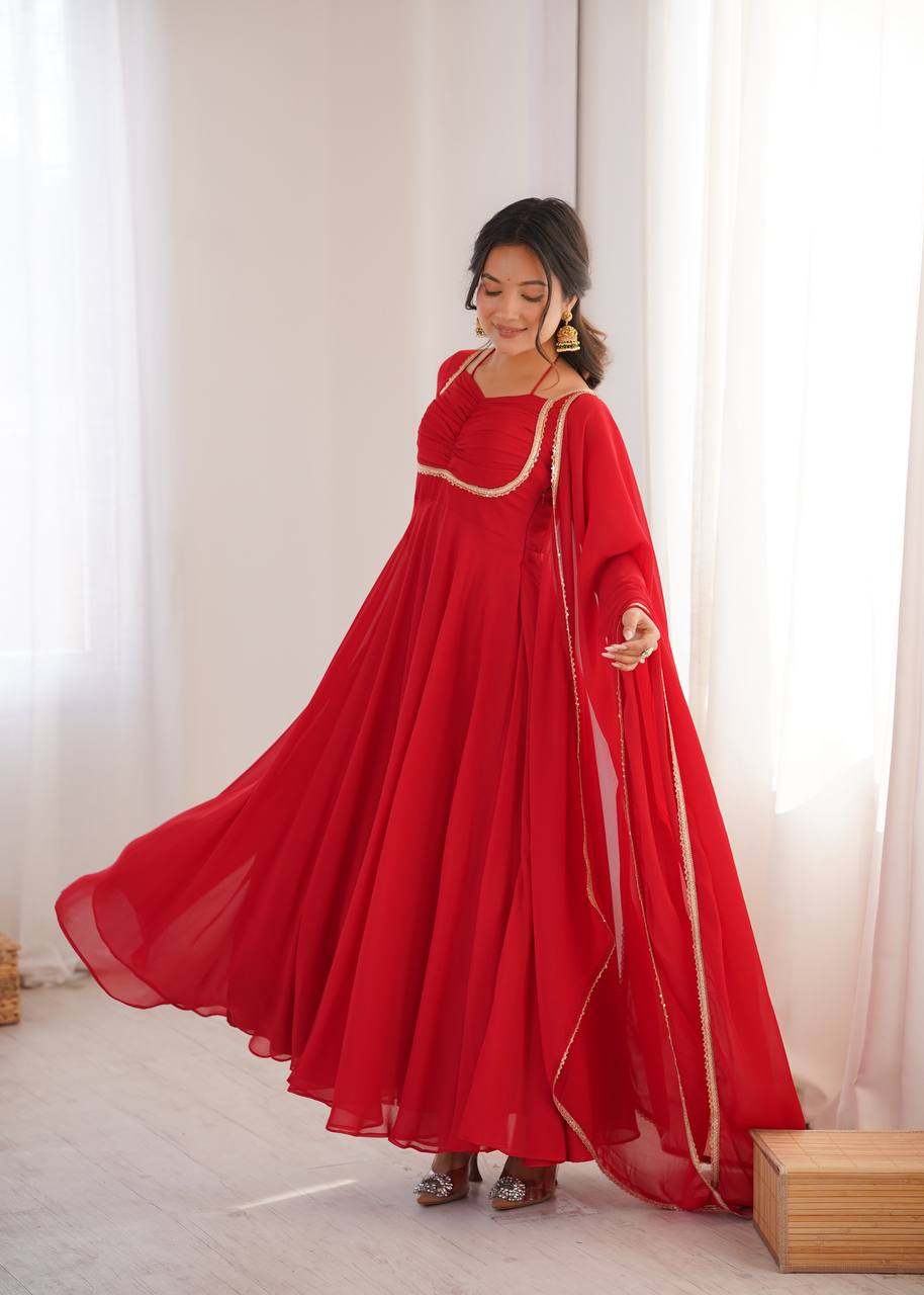 LadyVastara Premium Designer Fox Georgette Long Gown with Rich Flare & Lace Dupatta