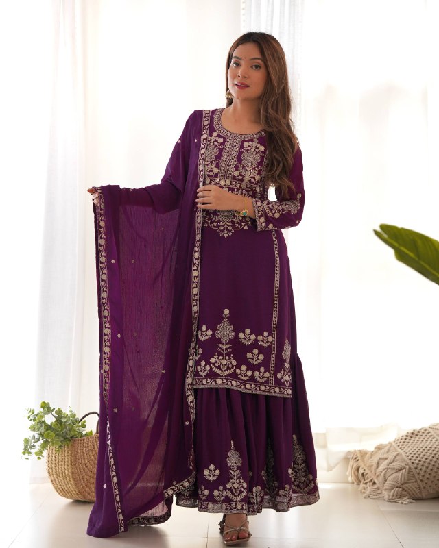 LadyVastara Designer Chinon Silk Kediyakurta with Sharara & Dupatta Set