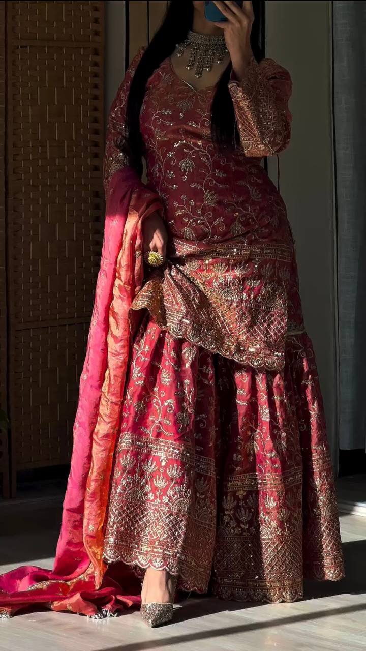 Designer Sequins Embroidered Sharara Suit with Dupatta for Women