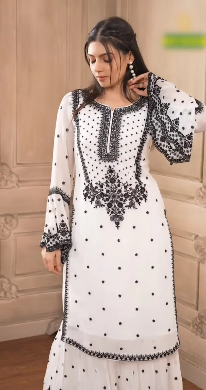 LadyVastara Designer Heavy Embroidered Faux Georgette Flair Top Set with Dupatta