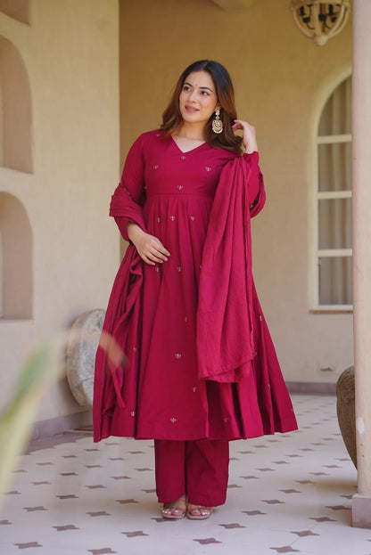 LadyVastara Heavy Roman Silk Embroidered Anarkali Kurta Set with Palazzo & Chanderi Silk Dupatta