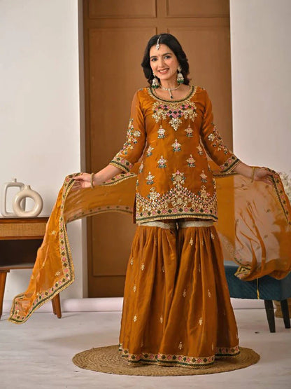LadyVastara Designer Heavy Fandy Silk Kurta Sharara Palazzo Set with Embroidery & Dupatta
