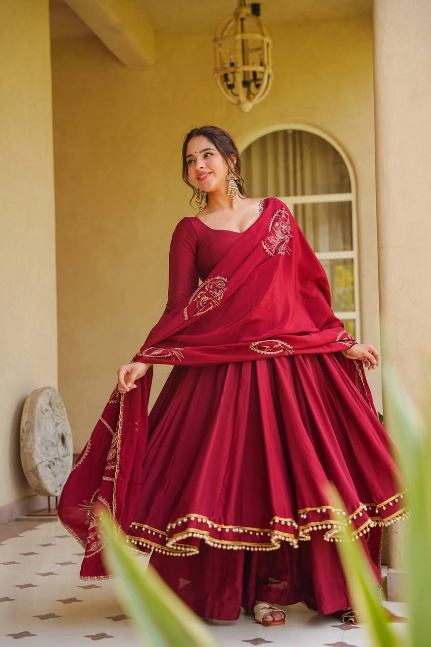 LadyVastara Ethnic Roman Silk Anarkali Set with Plazzo for Women