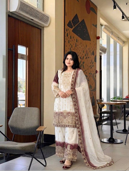 Women's Heavy Dual Tone Star Georgette Embroidered Kurta Palazzo Set with Dupatta