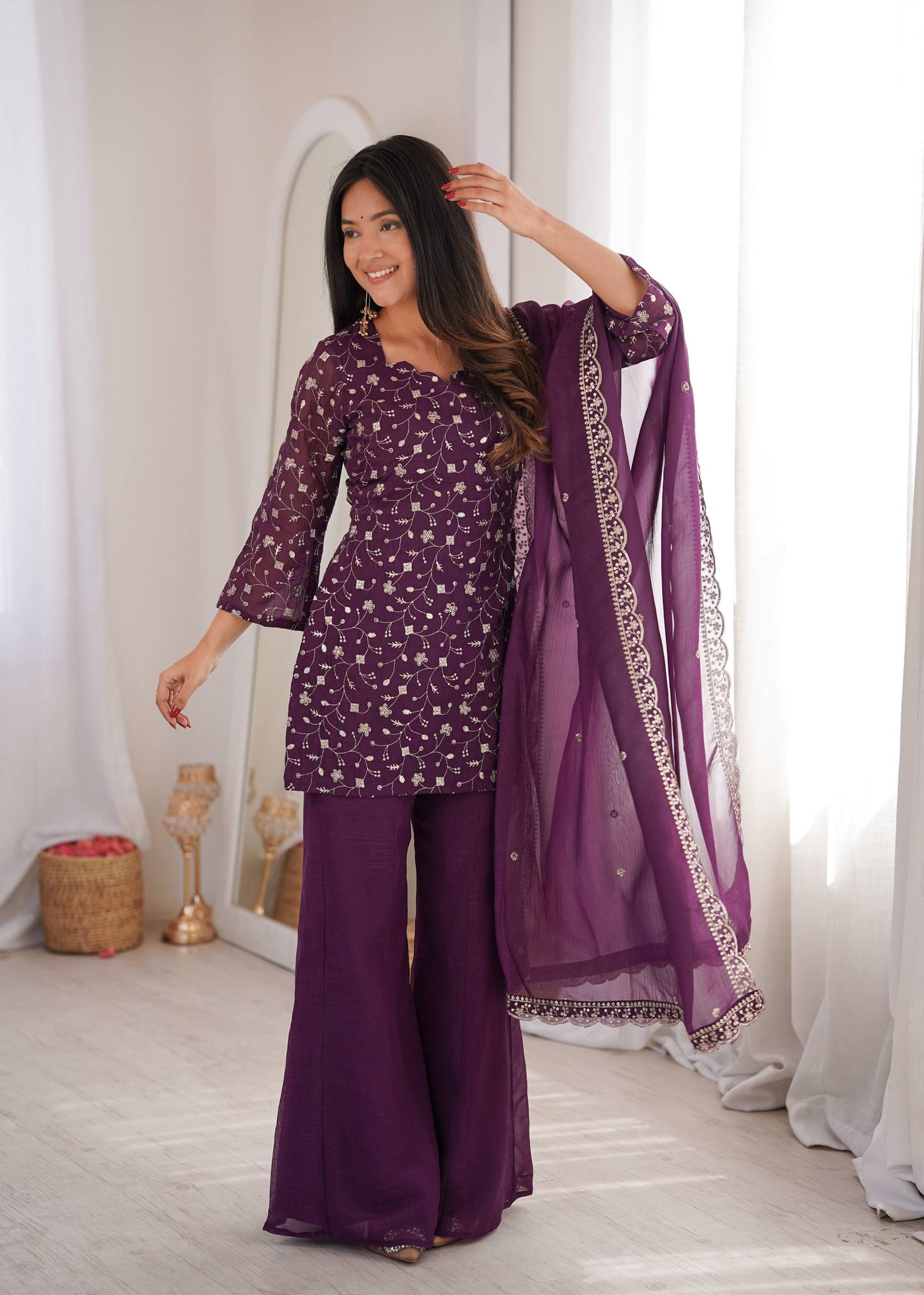 LadyVastara Designer Crunchy Silk Kurta Bell Bottom Set With Embroidery Sequence & Zari Work Dupatta