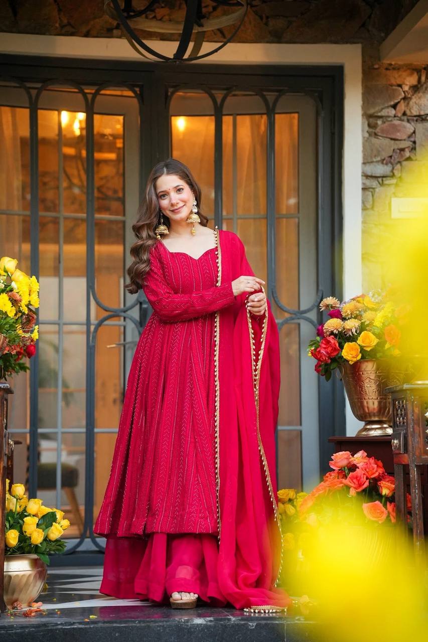 LadyVastara Graceful Georgette Anarkali Suit with Embroidery & Fancy Dupatta