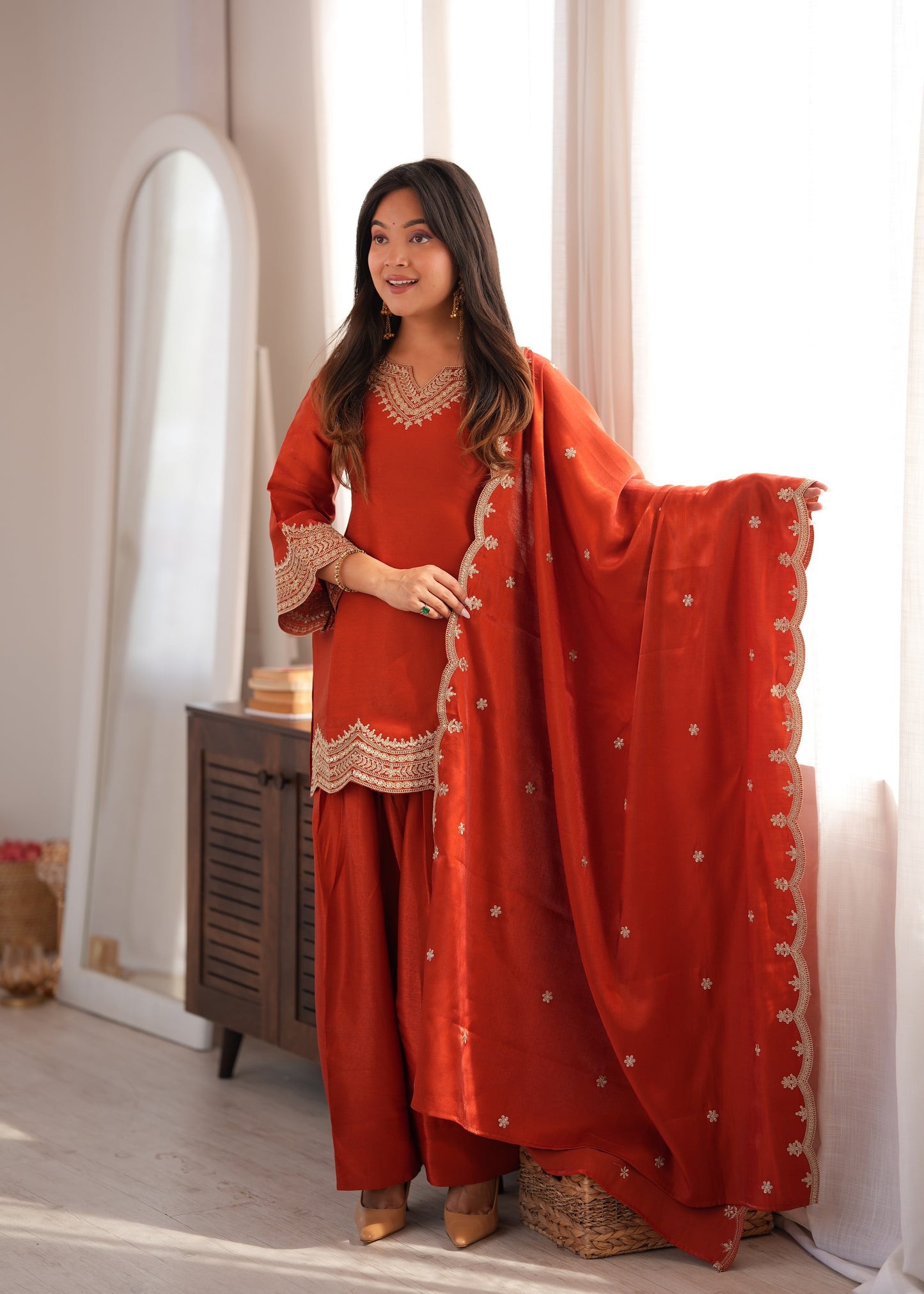 LadyVastara Women's Premium Farshi Suit Set | Glass Roman Silk | Festive & Wedding Wear