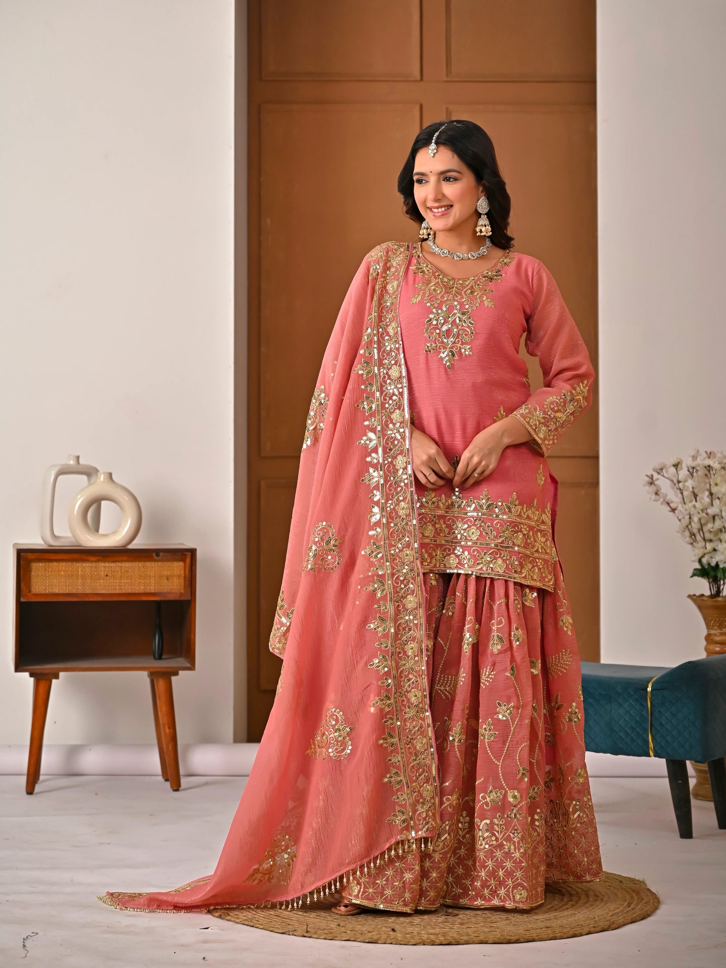LadyVastara Royal Peach Crunchy Silk Embroidered Sharara Set