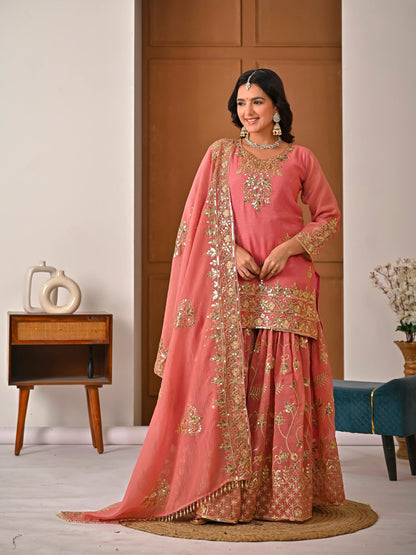 LadyVastara Royal Peach Crunchy Silk Embroidered Sharara Set