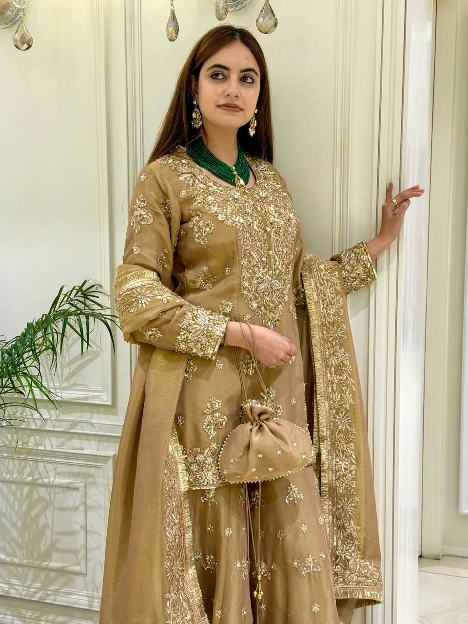 Women's Pure NC Moss Silk Embroidered Kurta Palazzo Set with Dupatta