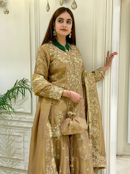 Women's Pure NC Moss Silk Embroidered Kurta Palazzo Set with Dupatta