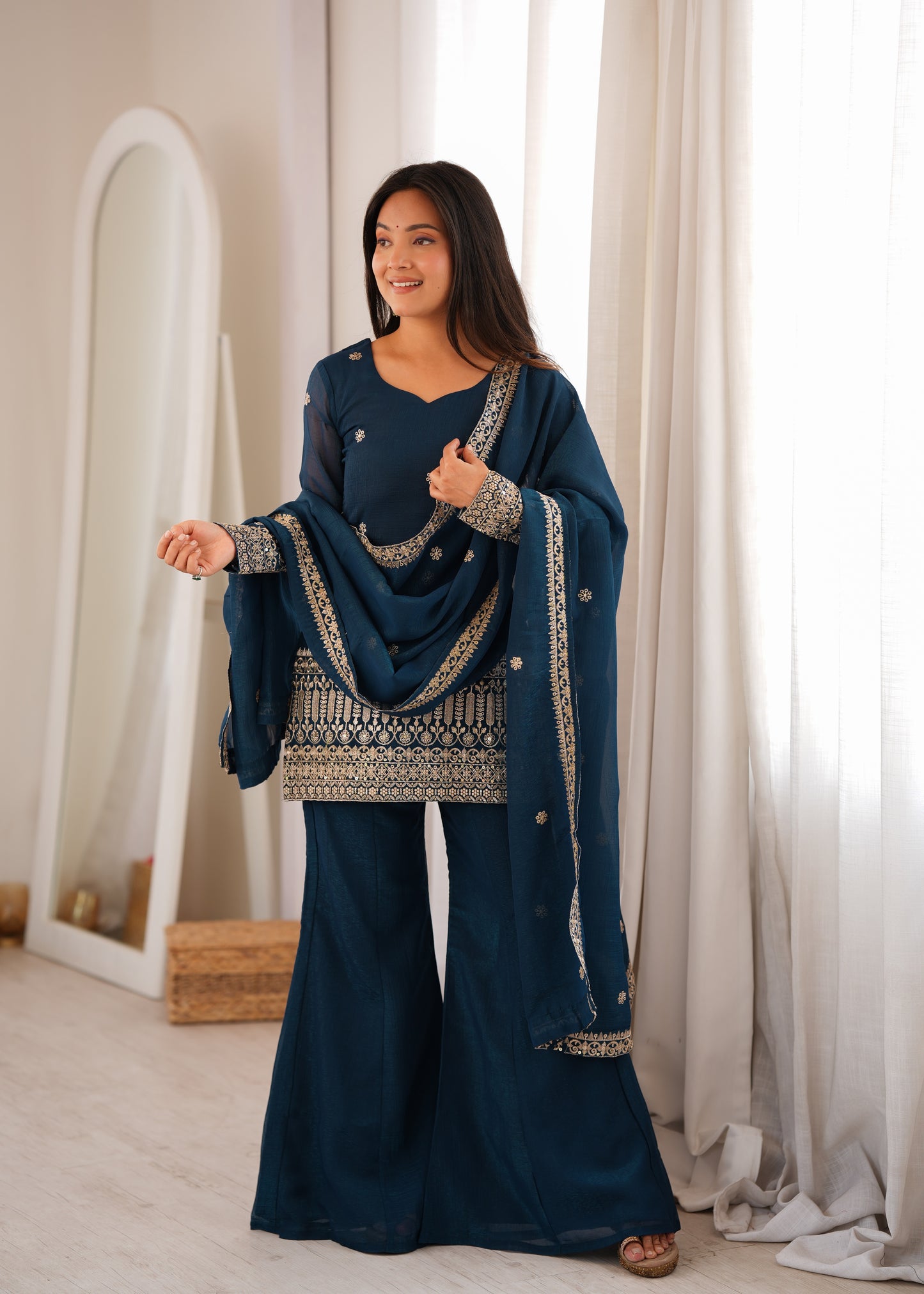 LadyVastara Crunchy Silk Embroidered Kurta with Bell Bottom Pant & Dupatta