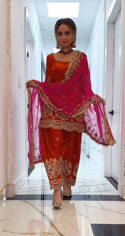 LadyVastara Heavy Embroidered Crushi Silk Top with Stylish Farshi Salwar Set