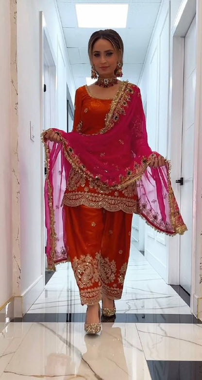 LadyVastara Heavy Embroidered Crushi Silk Top with Stylish Farshi Salwar Set