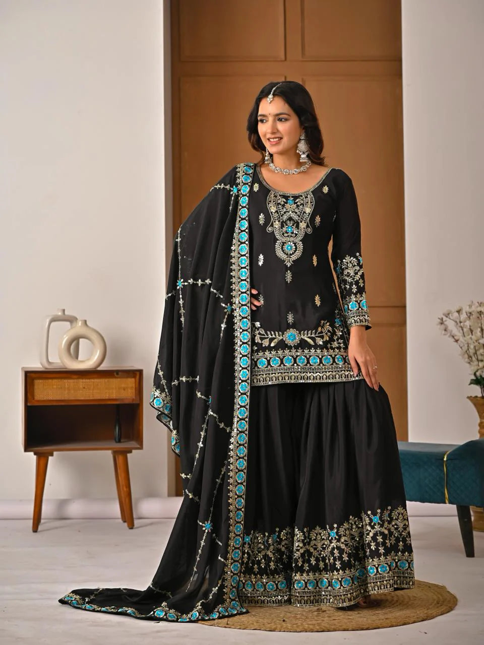 Ladyvastara Black Embroidered Kurta Sharara Set with Dupatta for Wedding & Festive Wear