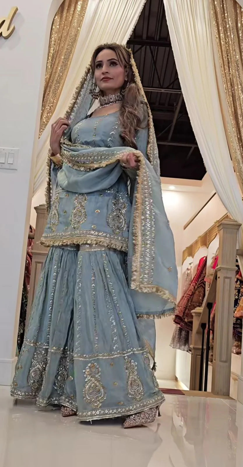 LadyVastara Women's Heavy Embroidered Aque Blue  Sharara Set – Premium Party & Festive Wear