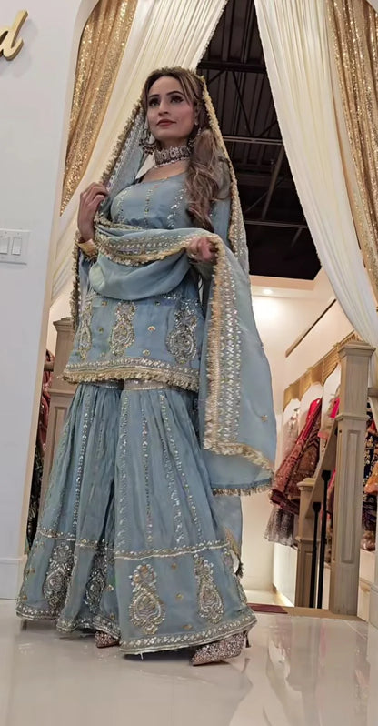 LadyVastara Women's Heavy Embroidered Aque Blue  Sharara Set – Premium Party & Festive Wear