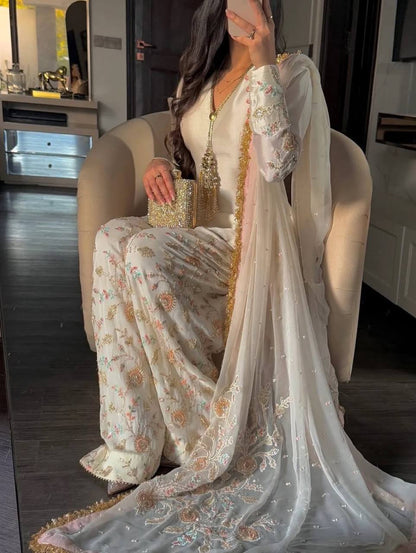 Ladyvastara Luxury Party Wear Farshi Plazzo Suit with Embroidered Organza Dupatta