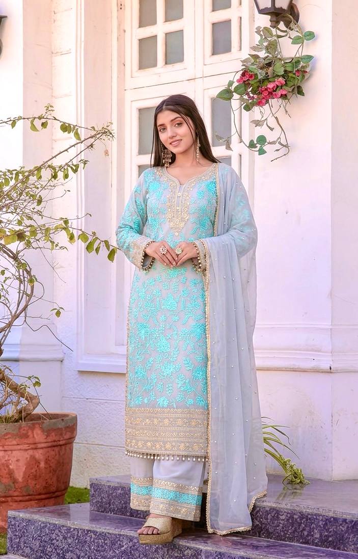 LadyVastara Elegant Faux Georgette Embroidered Kurta Plazzo Set with Dupatta