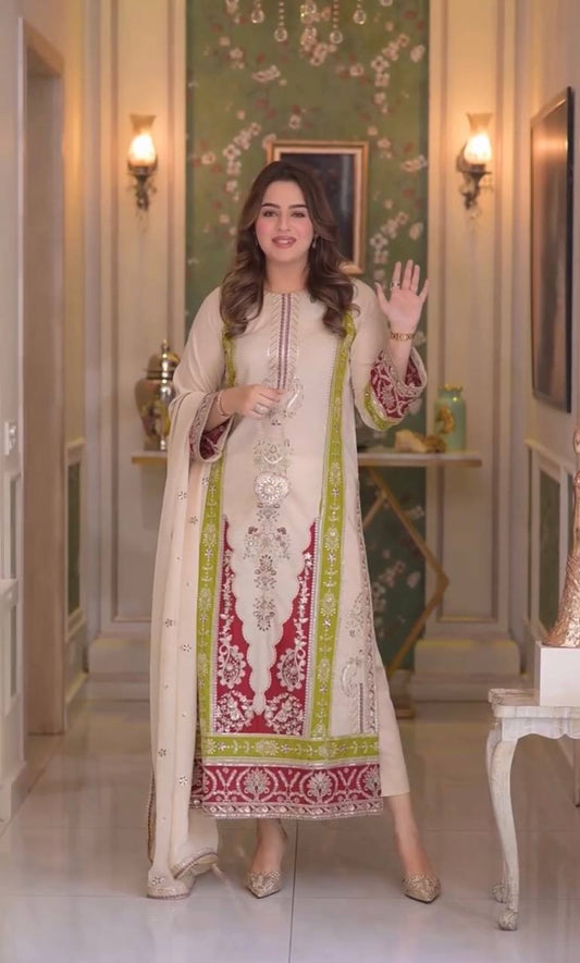LadyVastara Elegant Embroidered Roman Silk Kurta Set for Festive Occasions