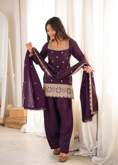 LadyVastara Premium Glass Roman Silk Embroidered Kurta Farshi Shalwar Set with Dupatta