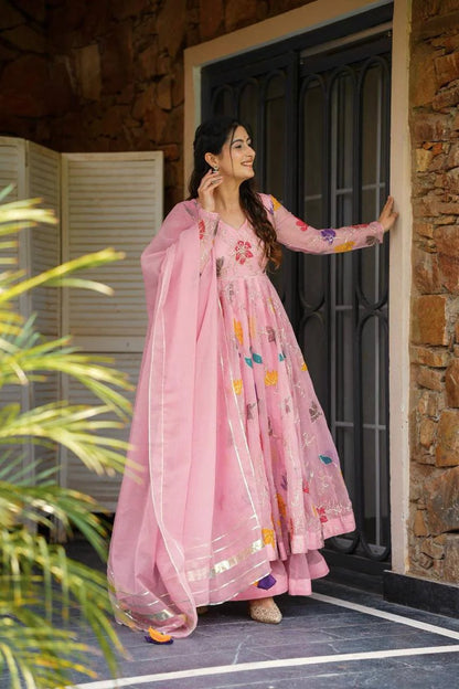 LadyVastara Multicolor Floral Embroidery Gown Sharara Set with Gota Patti Dupatta