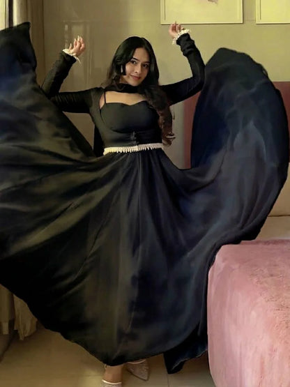 LadyVastara  Elegant Designer Faux Georgette Maxi Anarkali Suit Set With Koti & Dupatta