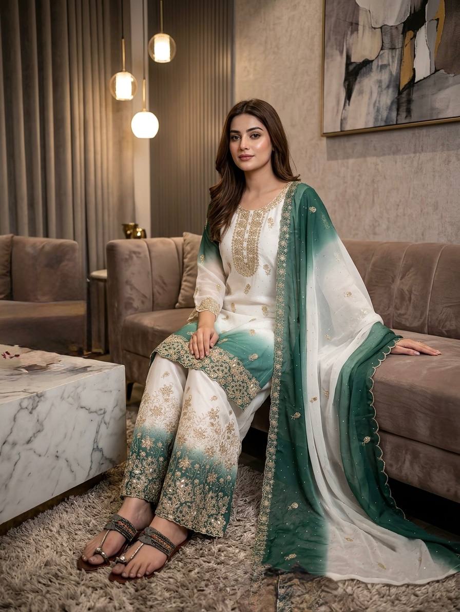 Heavy Dual Tone Georgette Embroidered Diamond Work Kurta Palazzo Set