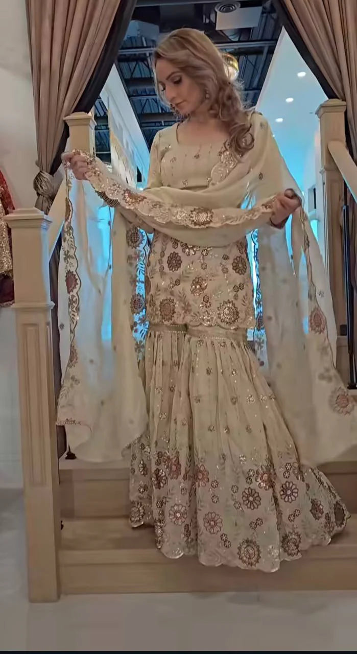 LadyVastara Designer Heavy Chinnon Silk Sequin Embroidered Sharara Palazzo Set with Dupatta