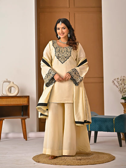 LadyVastara Embroidered Roman Silk Sharara Set with Dupatta | Evening & Party Wear