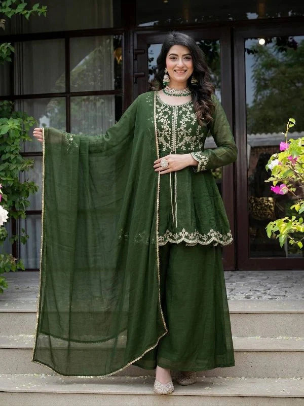 LadyVastara Royal Green Embroidered Kurta Palazzo Dupatta Set for Women