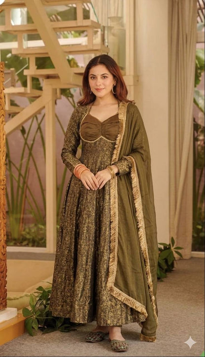 LadyVastara Floral Brocade Jacquard Anarkali Suit Set with Pant & Dupatta