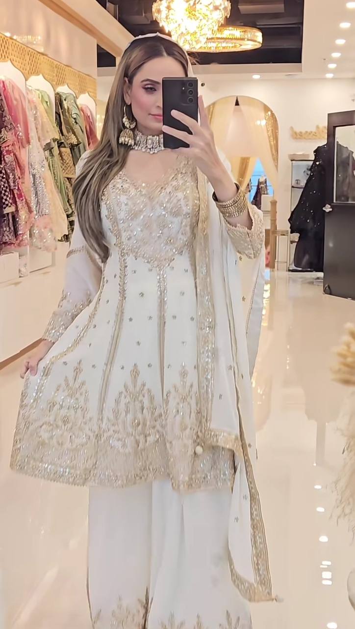 LadyVastara Heavy Chinon Silk Embroidered Top Sharara Palazzo Set with Dupatta