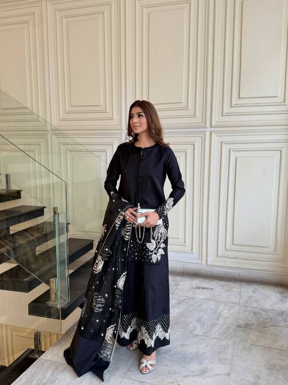 Party Wear Embroidered Crepe Top & Palazzo Set with Dupatta