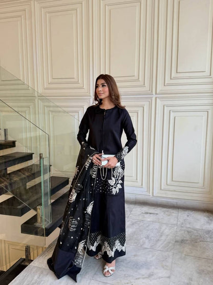 Party Wear Embroidered Crepe Top & Palazzo Set with Dupatta