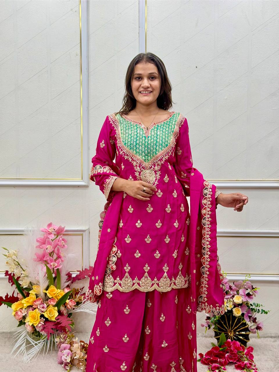 Chinon Silk Embroidered Mirror Work Palazzo Suit Set with Dupatta