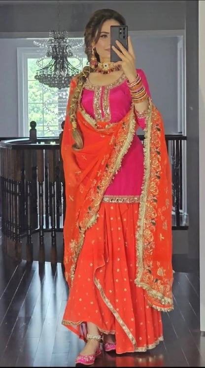 LadyVastara Designer Malay Silk Top with Faux Georgette Dhoti Skirt