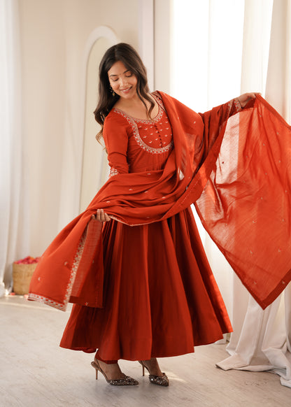 LadyVastara Premium Roman Chanderi Silk Anarkali Suit with Pant & Dupatta