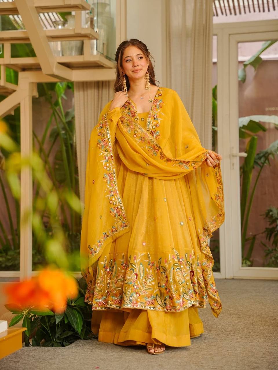 LadyVastara Elegant Crunchy Silk Anarkali Suit Set with Palazzo & Embroidered Dupatta for Women