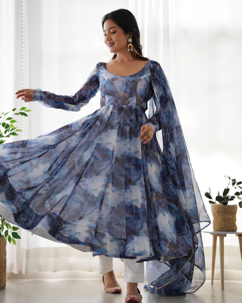 LadyVastara Women’s Pure Soft Organza Silk Marble Print Anarkali Suit Set with Gota Patti Dupatta
