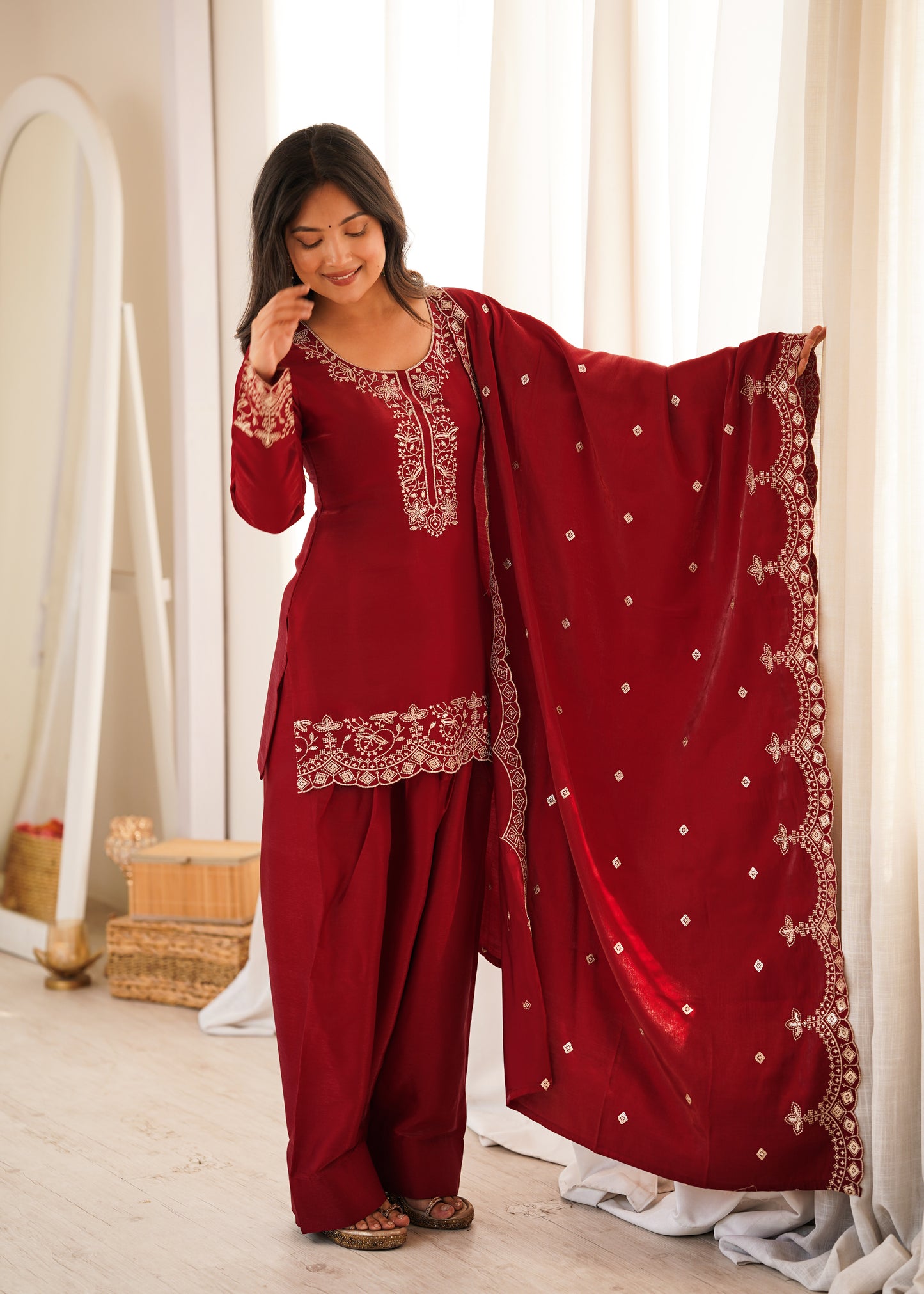LadyVastara Elegant Glass Roman Silk Kurta Farshi Shalwar Set with Embroidered Dupatta