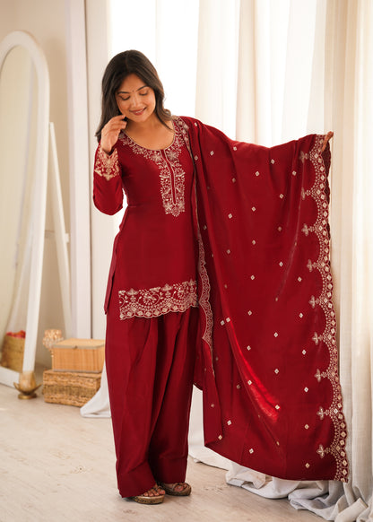 LadyVastara Elegant Glass Roman Silk Kurta Farshi Shalwar Set with Embroidered Dupatta