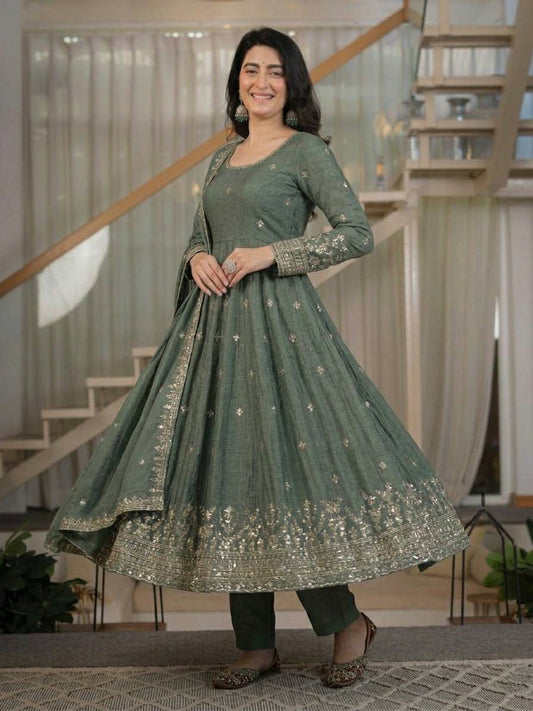 LadyVastara Women's Heavy Crunchy Silk Anarkali Suit Set with Embroidered Dupatta