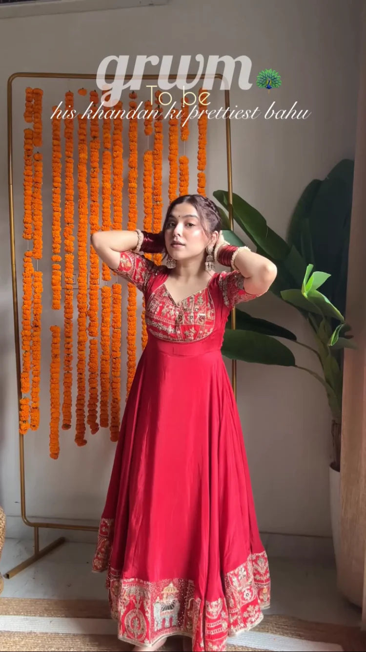 Ladyvastara Royal Red Anarkali Set with Heavy Embroidery | Bridal & Festive Wear